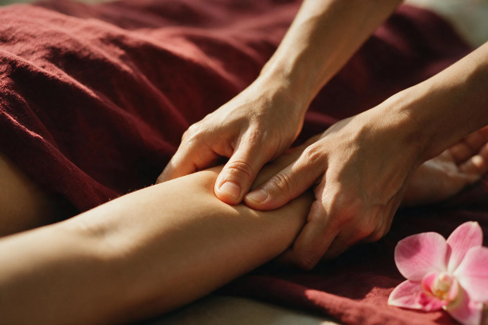 Nahaufnahme: Hände arbeiten entlang eines Unterarms während einer traditionellen Thaimassage, Orchidee im Vordergrund